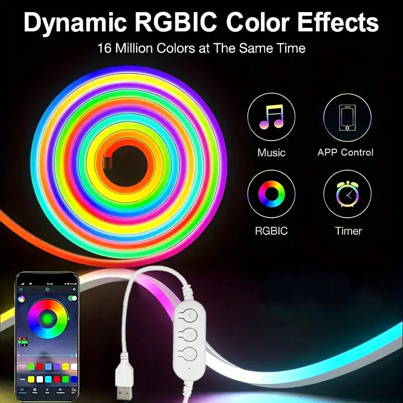 RGBIC Neon LED Strip Lights 1M-5M Flexible Neon Rope Light Bluetooth App Control DIY Neon Strip Light For Home Decor Lighting