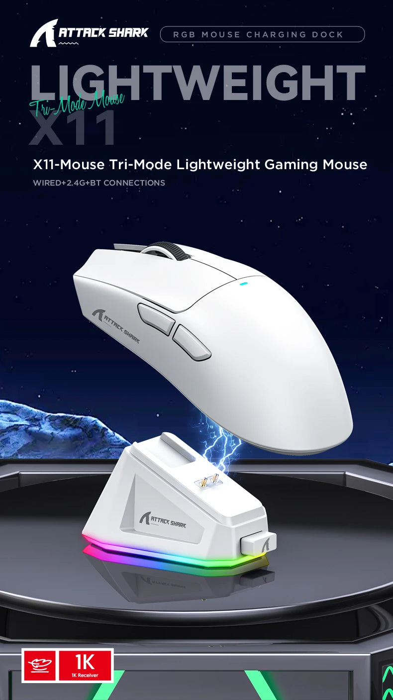Attack Shark X11 Wireless Mouse,Tri-Mode Connection 2.4GHz/Wired/Bluetooth PAW3311 22000DPI 400IPS RGB PC Gaming Mouse