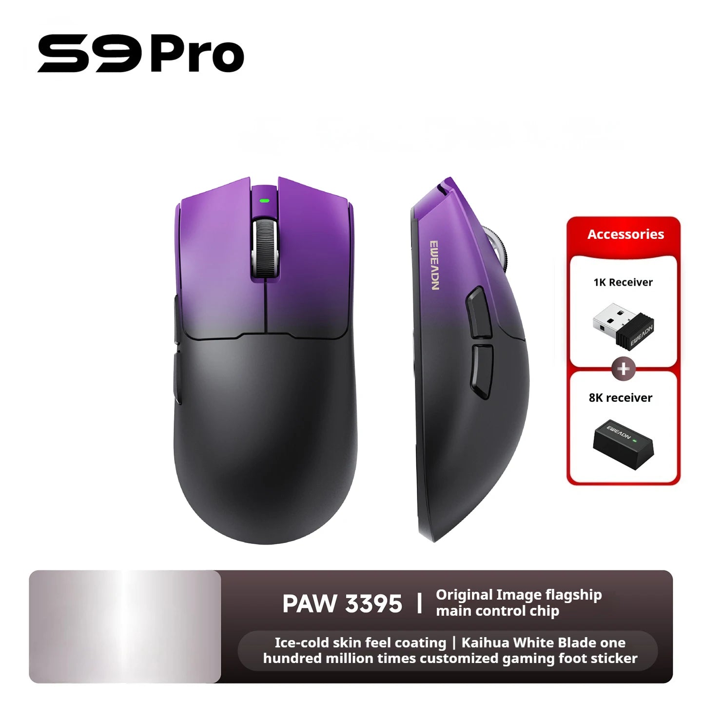 EWEADN S9 series Wireless Gaming Mouse,Tri-Mode,Lightweight Pro Design,High-Precision Sensor, Ergonomic, for Esports, PC/Office