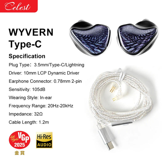 Celest Wyvern Black Type-C In Ear Earphone Monitor With Microphone Hifi Music Headphone IEMs Wired Gaming Earbuds For Gif
