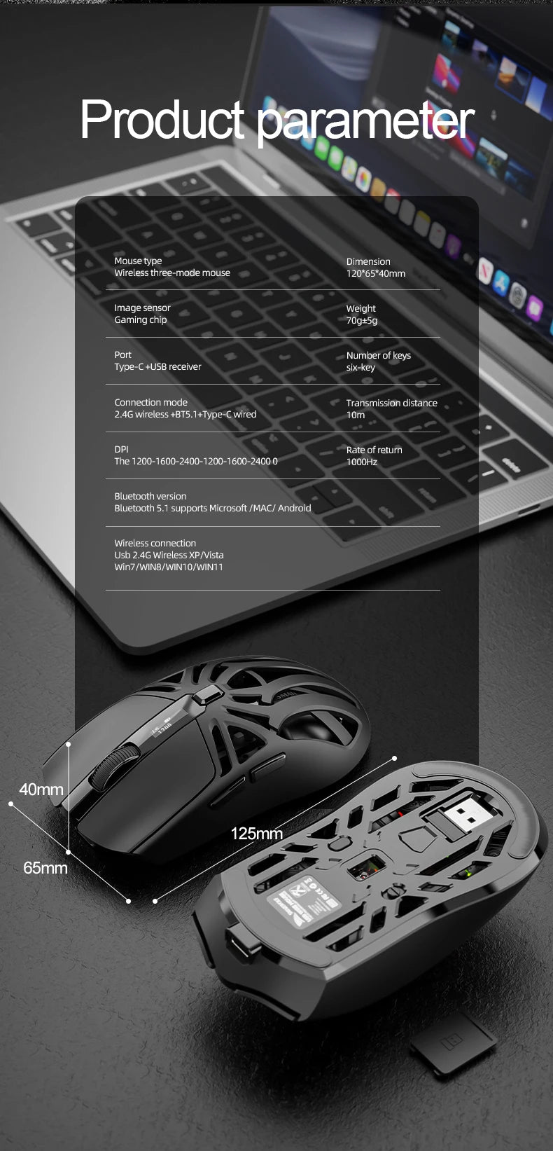 Smailwolf RS8 1000Hz Bluetooth mouse, three-mode connection, lightweight macro gaming mouse notebook computer hollow mouse