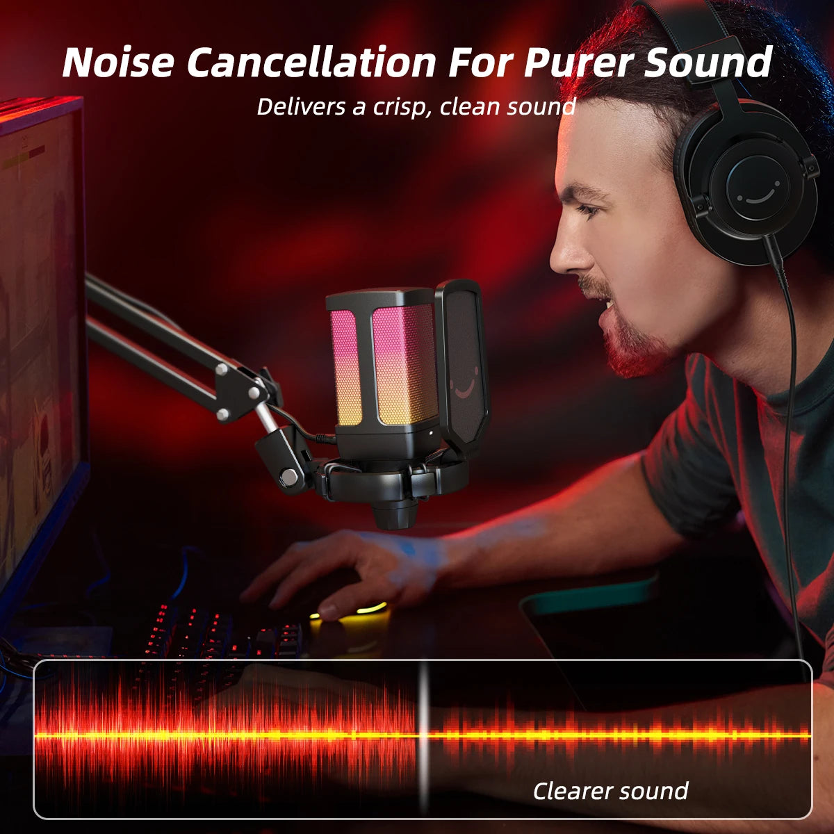 AmpliGame Gaming USB Microphone Set with Quick Mute,RGB Condenser Mic Kit with Vol Gain,Noise Reduction for Streaming,PC,PS5-Q6T