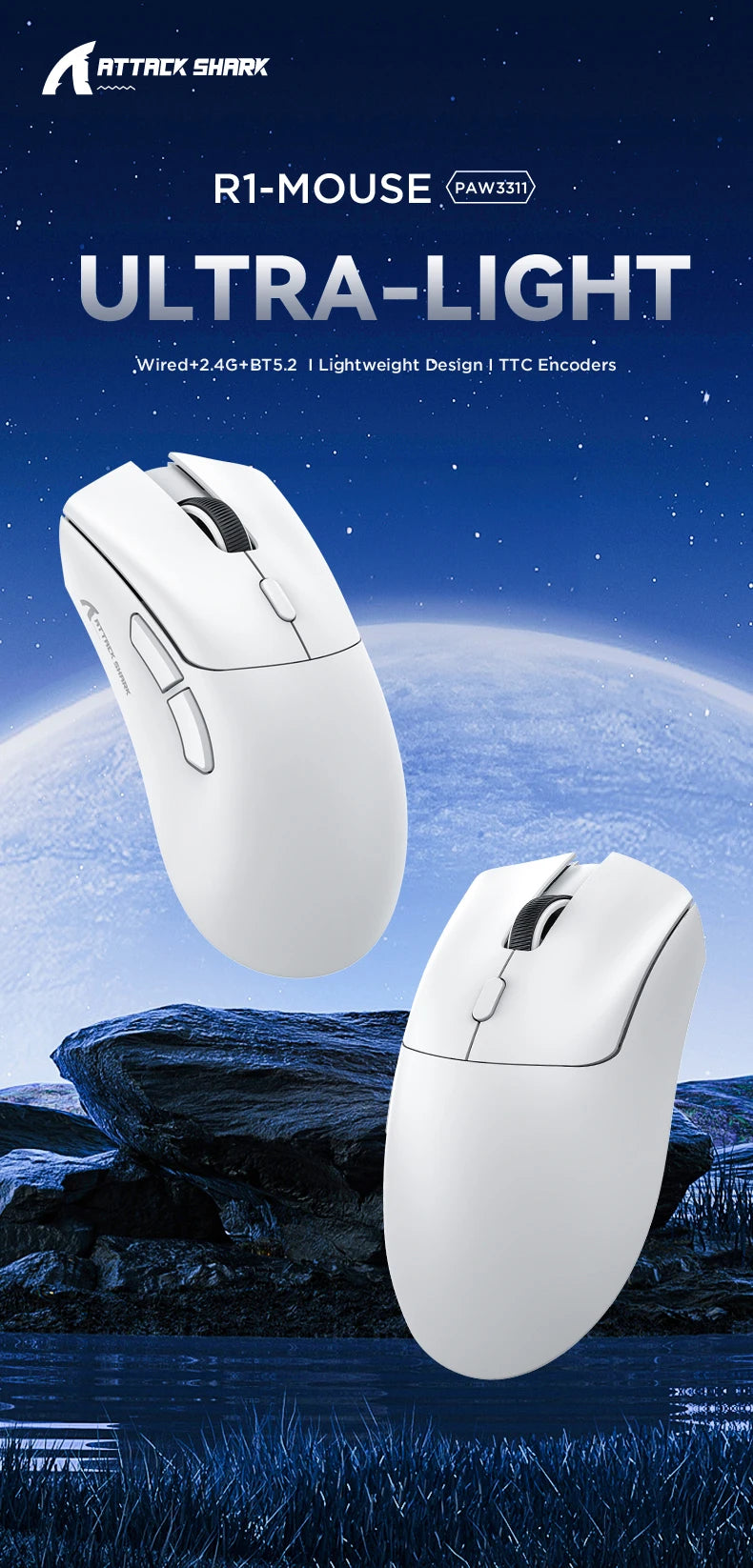 Attack Shark R1 Wireless Gaming Mouse Tri Mode 2.4G Bluetooth Wired 18K DPI 1000Hz PAW3311 Sensor 59g Lightweight Rechargeable