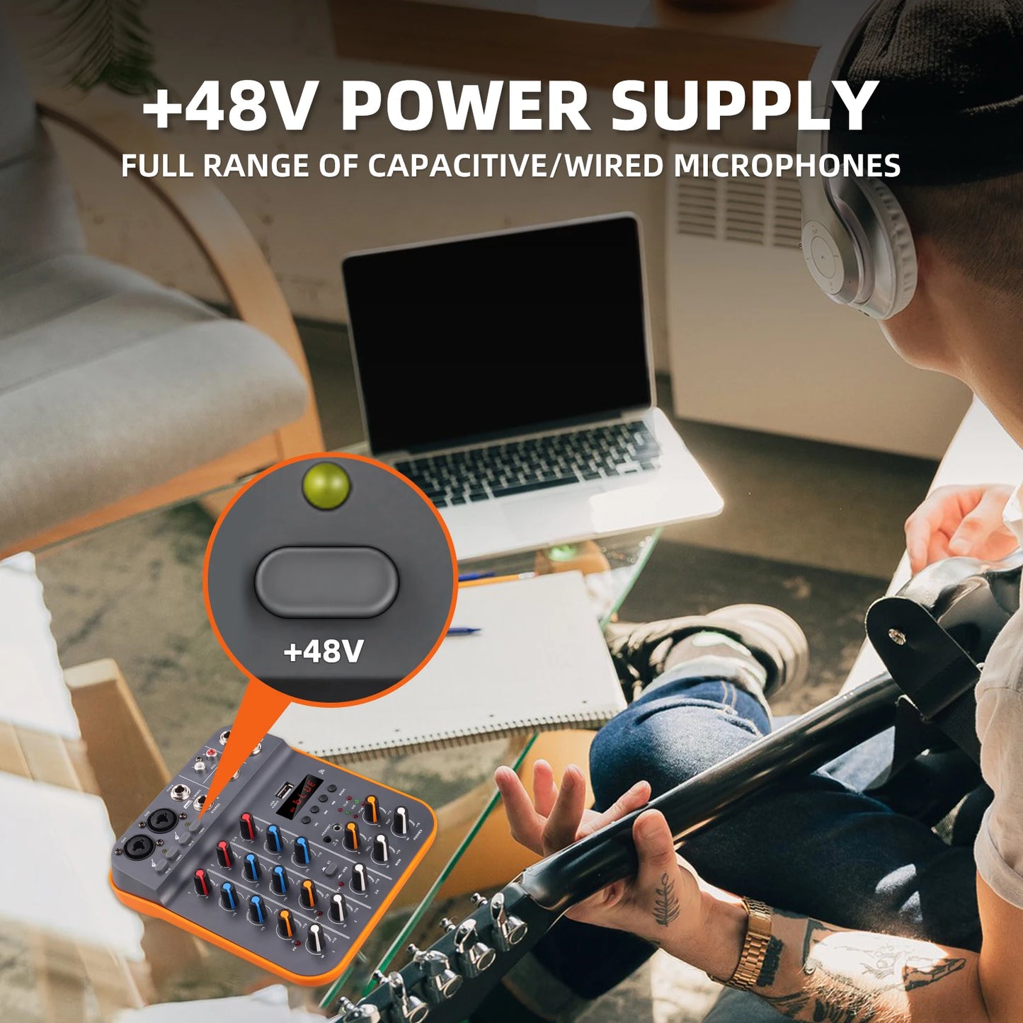 Studio Audio Mixer with 4-Channel Selectable Inputs, Built-in MP3 Player, 12KHz/80Hz EQ, +30dBu Max Output - Ideal for Live & Re