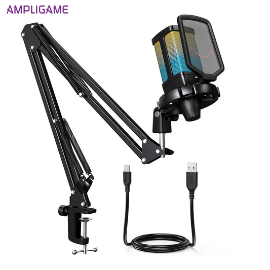 AmpliGame Gaming USB Microphone Set with Quick Mute,RGB Condenser Mic Kit with Vol Gain,Noise Reduction for Streaming,PC,PS5-Q6T