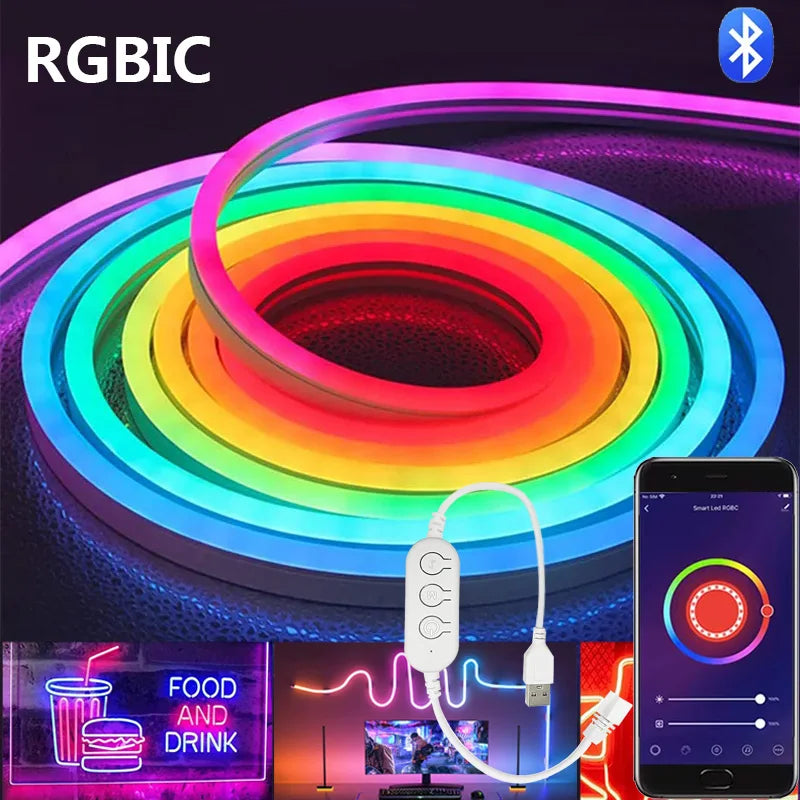 RGBIC Neon LED Strip Lights 1M-5M Flexible Neon Rope Light Bluetooth App Control DIY Neon Strip Light For Home Decor Lighting