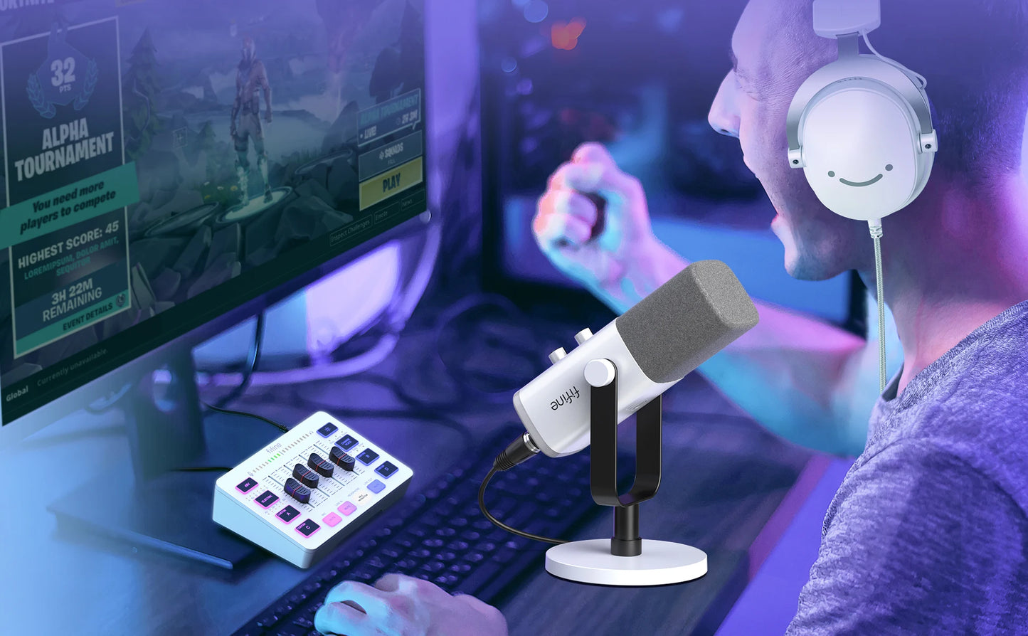 FIFINE RGB Streaming Podcast Kit with Dynamic Mic & Audio Mixer for Gaming/Recording/Live Streaming, Instant Audio Control- KS5W
