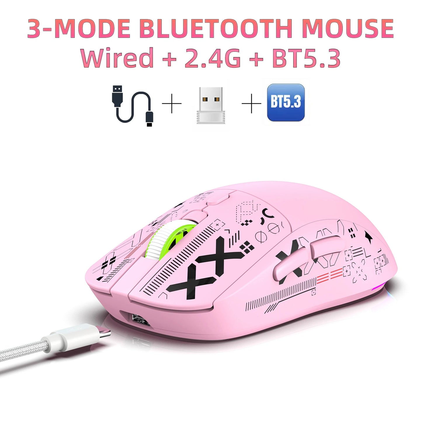 2025 New 3-Mode Wireless Gaming Mouse RGB Macro Ergonomic, 6 Programmable Buttons, Silent Click, Pink for PC/Laptop