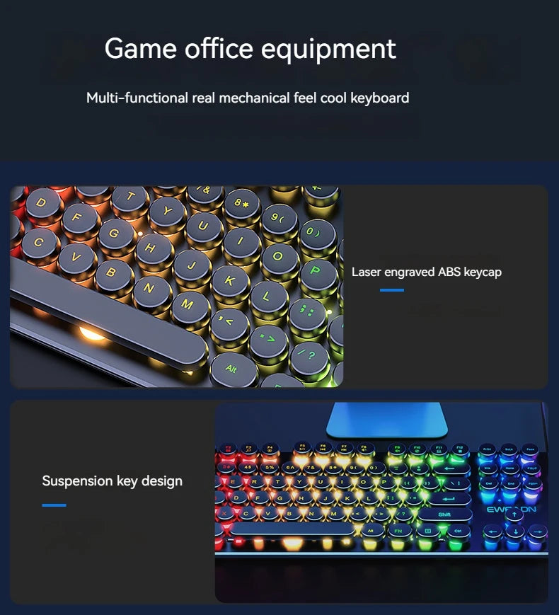 EWEADN GX330 Typewriter Gaming Keyboard, 104 Keys Wired Retro Punk Round Keycaps, with RGB Backlit, for Windows Laptop PC black