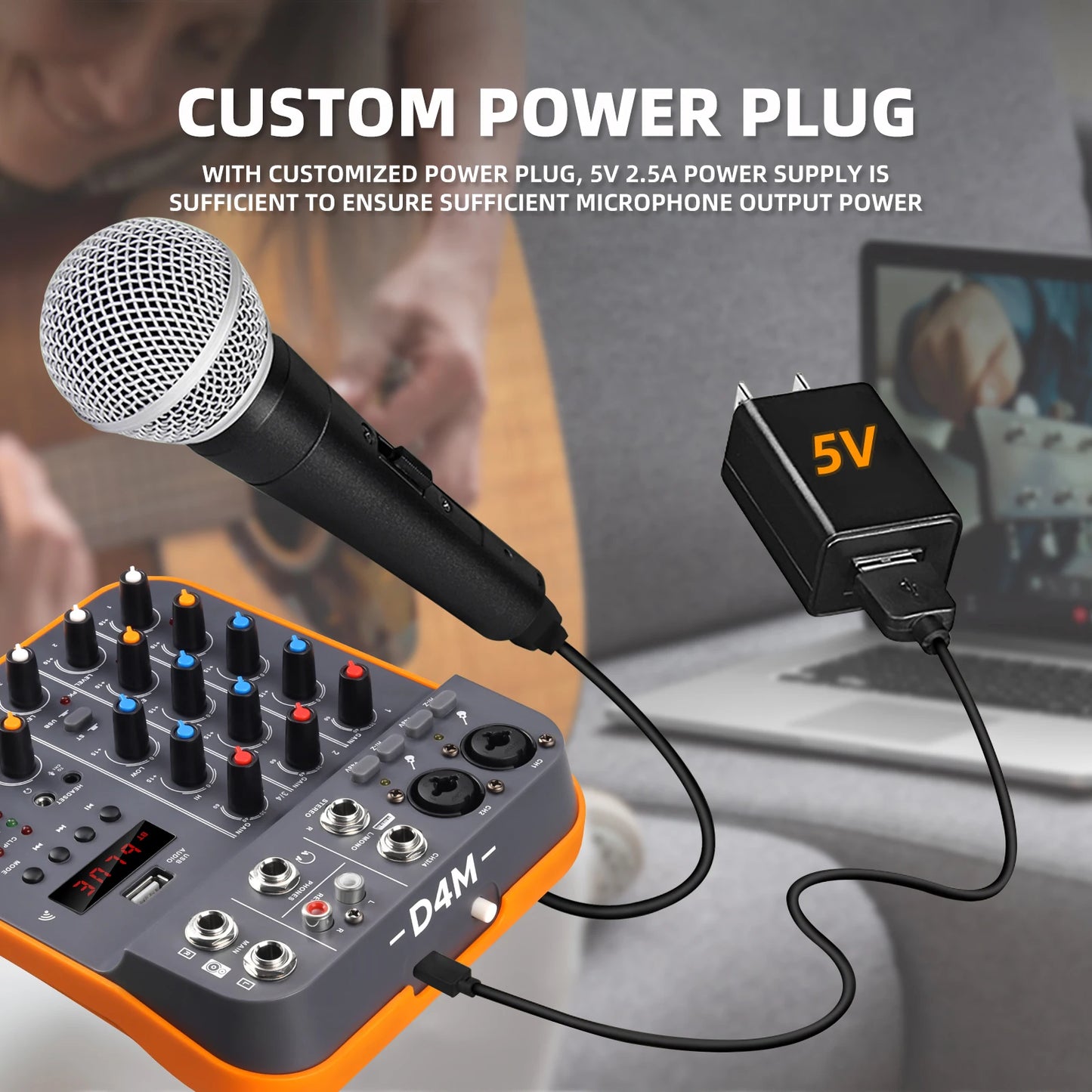 Studio Audio Mixer with 4-Channel Selectable Inputs, Built-in MP3 Player, 12KHz/80Hz EQ, +30dBu Max Output - Ideal for Live & Re