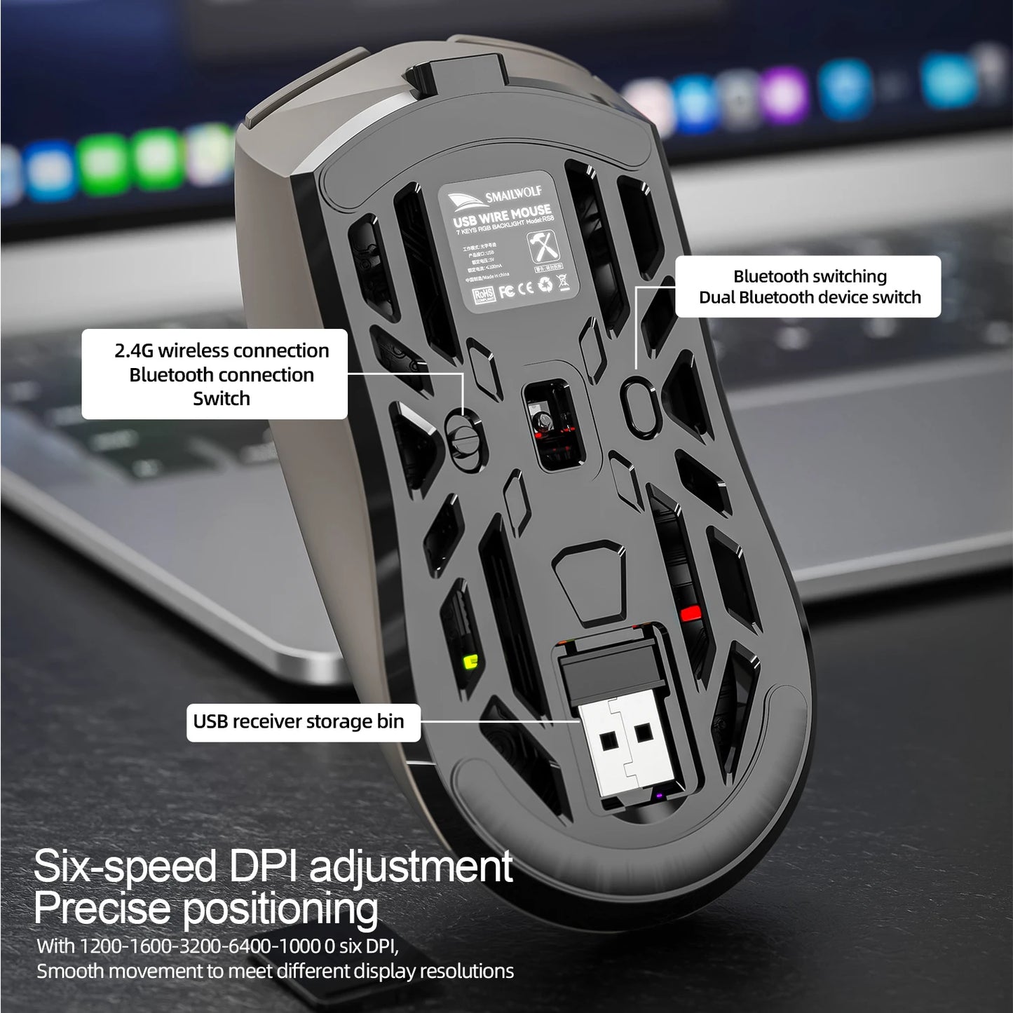 Smailwolf RS8 1000Hz Bluetooth mouse, three-mode connection, lightweight macro gaming mouse notebook computer hollow mouse