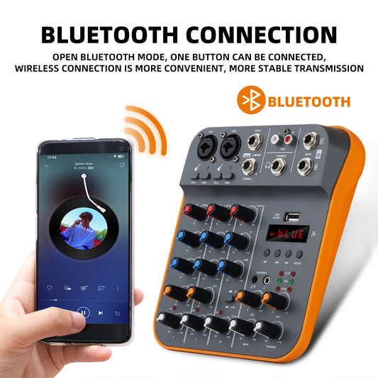 Studio Audio Mixer with 4-Channel Selectable Inputs, Built-in MP3 Player, 12KHz/80Hz EQ, +30dBu Max Output - Ideal for Live & Re