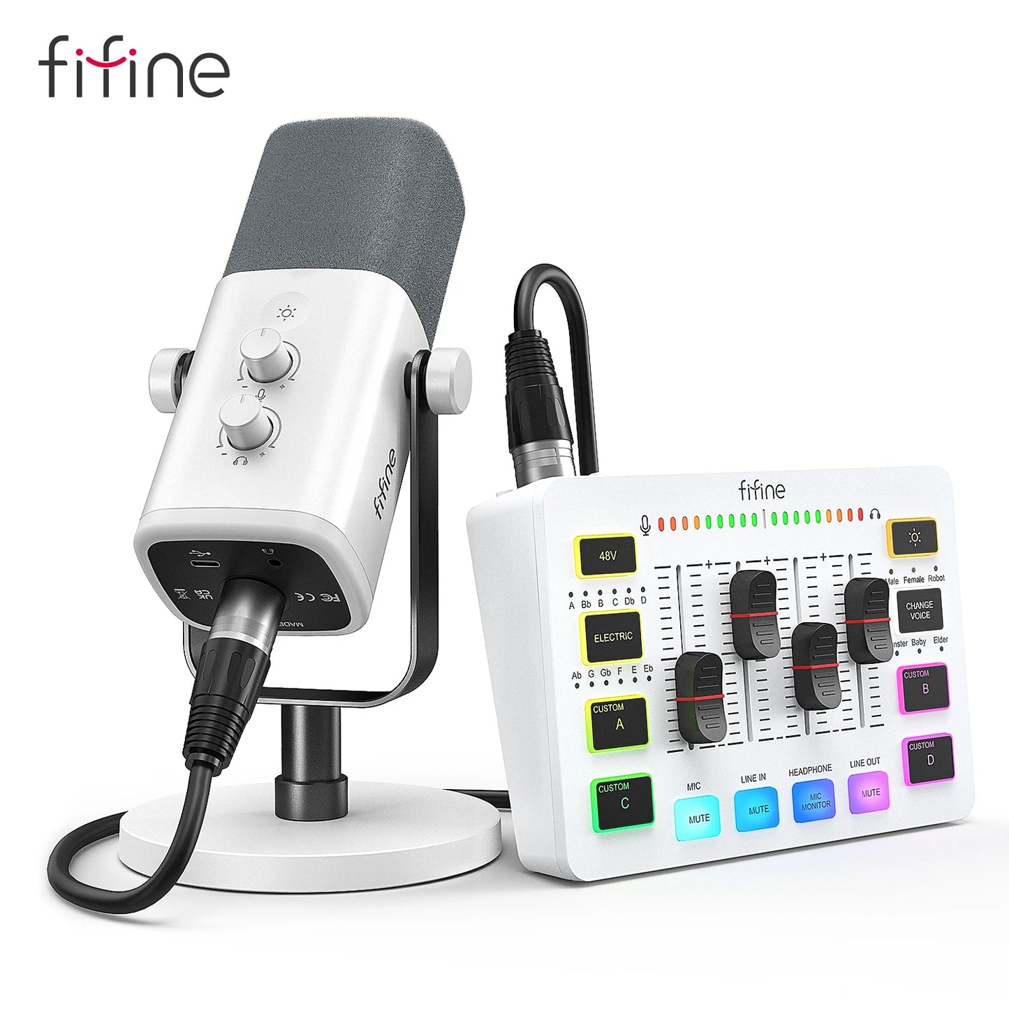 FIFINE RGB Streaming Podcast Kit with Dynamic Mic & Audio Mixer for Gaming/Recording/Live Streaming, Instant Audio Control- KS5W