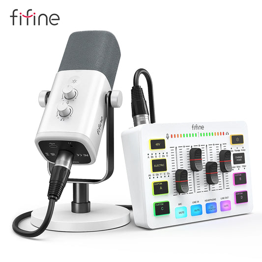 FIFINE RGB Streaming Podcast Kit with Dynamic Mic & Audio Mixer for Gaming/Recording/Live Streaming, Instant Audio Control- KS5W