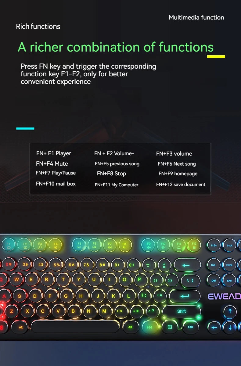 EWEADN GX330 Typewriter Gaming Keyboard, 104 Keys Wired Retro Punk Round Keycaps, with RGB Backlit, for Windows Laptop PC black