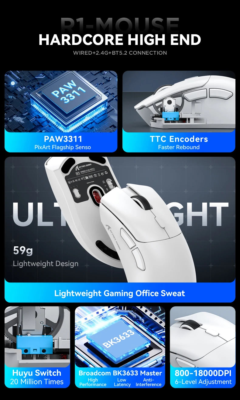 Attack Shark R1 Wireless Gaming Mouse Tri Mode 2.4G Bluetooth Wired 18K DPI 1000Hz PAW3311 Sensor 59g Lightweight Rechargeable