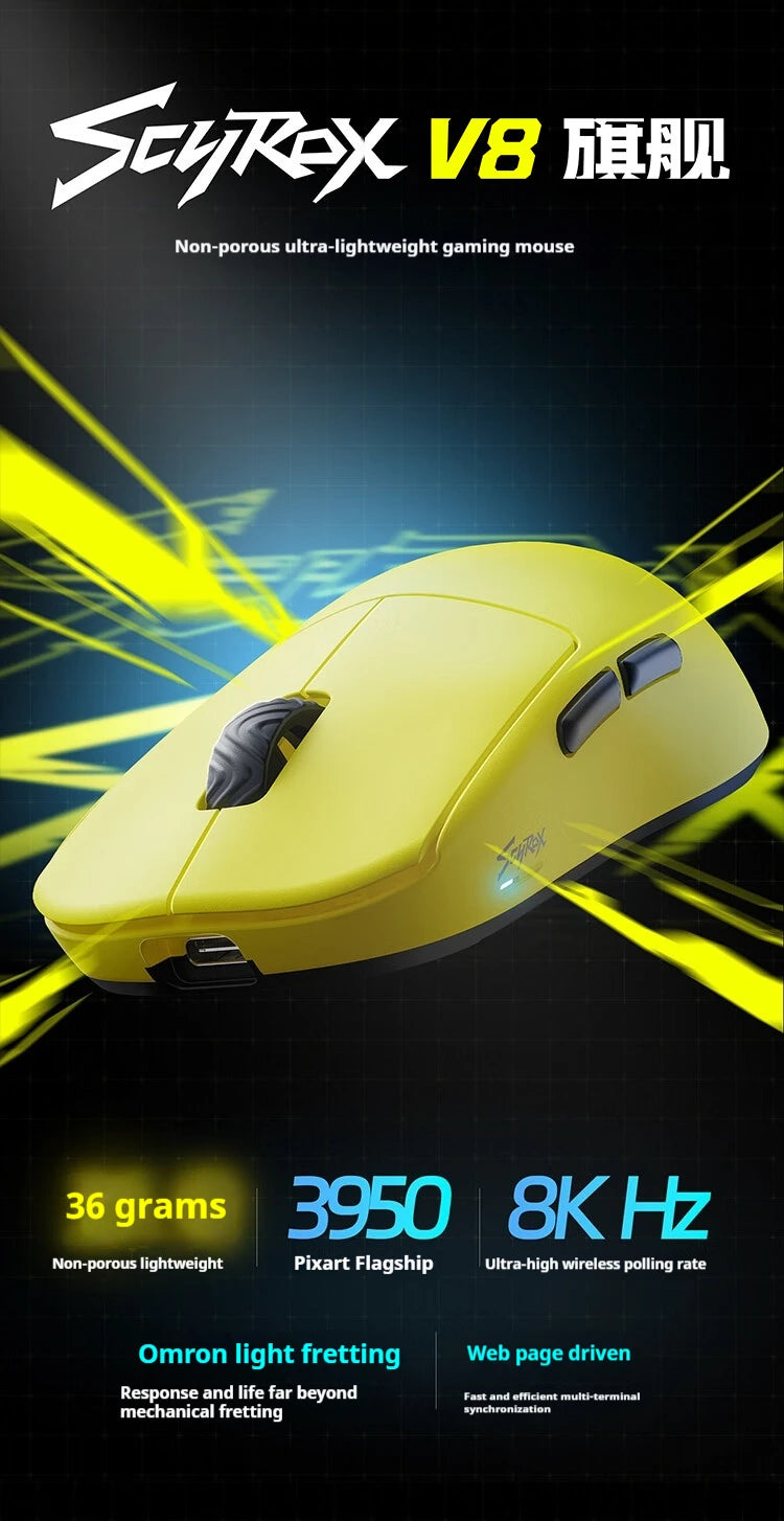 Scyrox V8 Lightweight 36g Wireless Mouse 8K PAW3950 Comfortable Feel E-Sports Gaming Mouse Customized PC Gamer Accessories Gifts