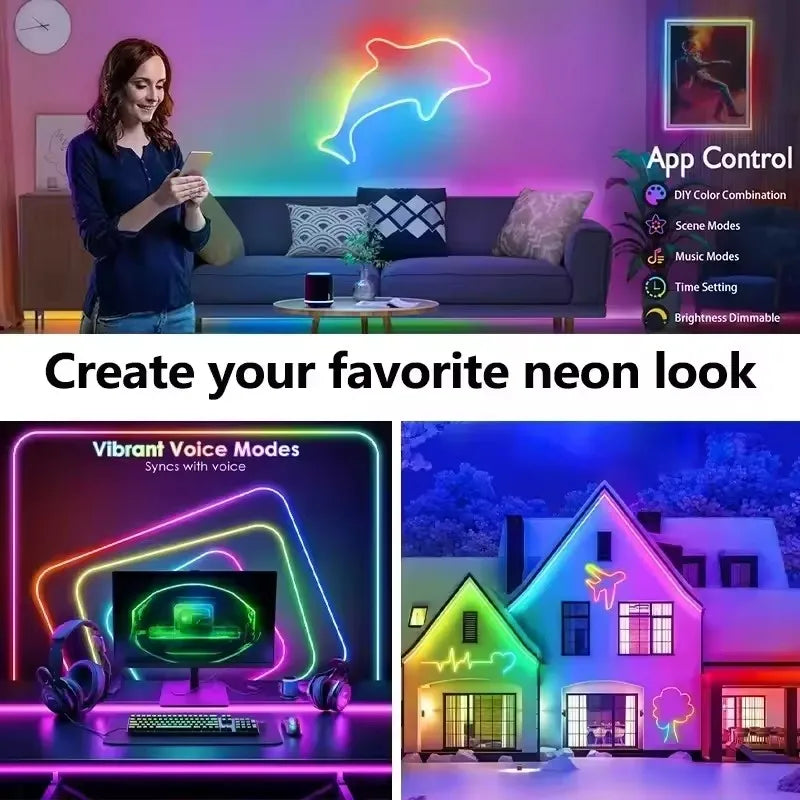 Dc 24V Rgb Ic Neon Led Lights Strip Waterproof Bluetooth App Remote Control Led Room Light 5M 10M 15M 20M Led Ribbon Rgb Tape
