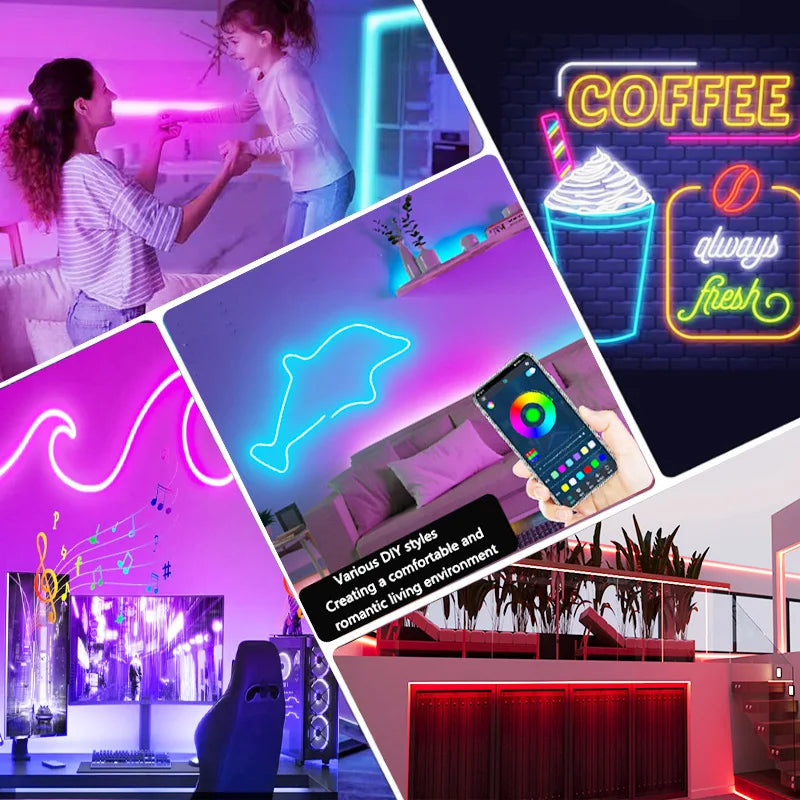 RGBIC Neon LED Strip Lights 1M-5M Flexible Neon Rope Light Bluetooth App Control DIY Neon Strip Light For Home Decor Lighting