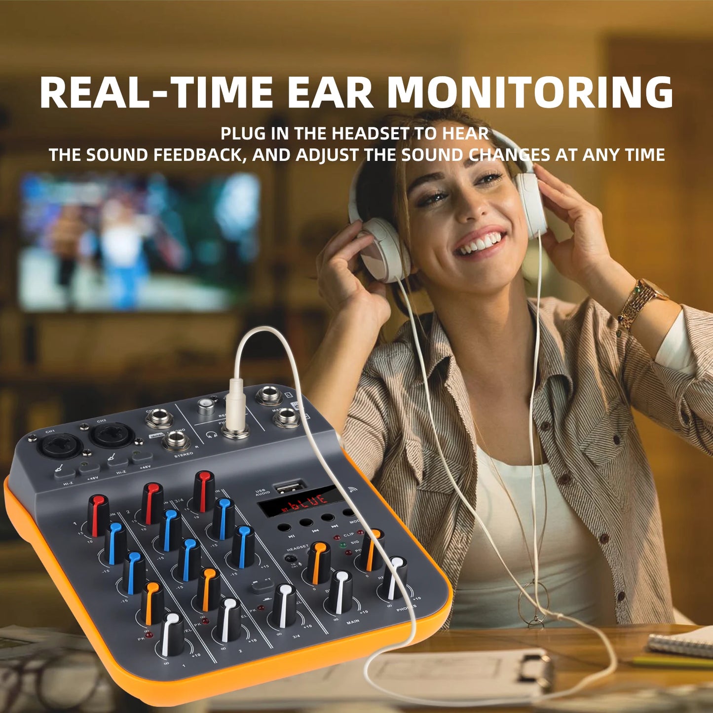 Studio Audio Mixer with 4-Channel Selectable Inputs, Built-in MP3 Player, 12KHz/80Hz EQ, +30dBu Max Output - Ideal for Live & Re
