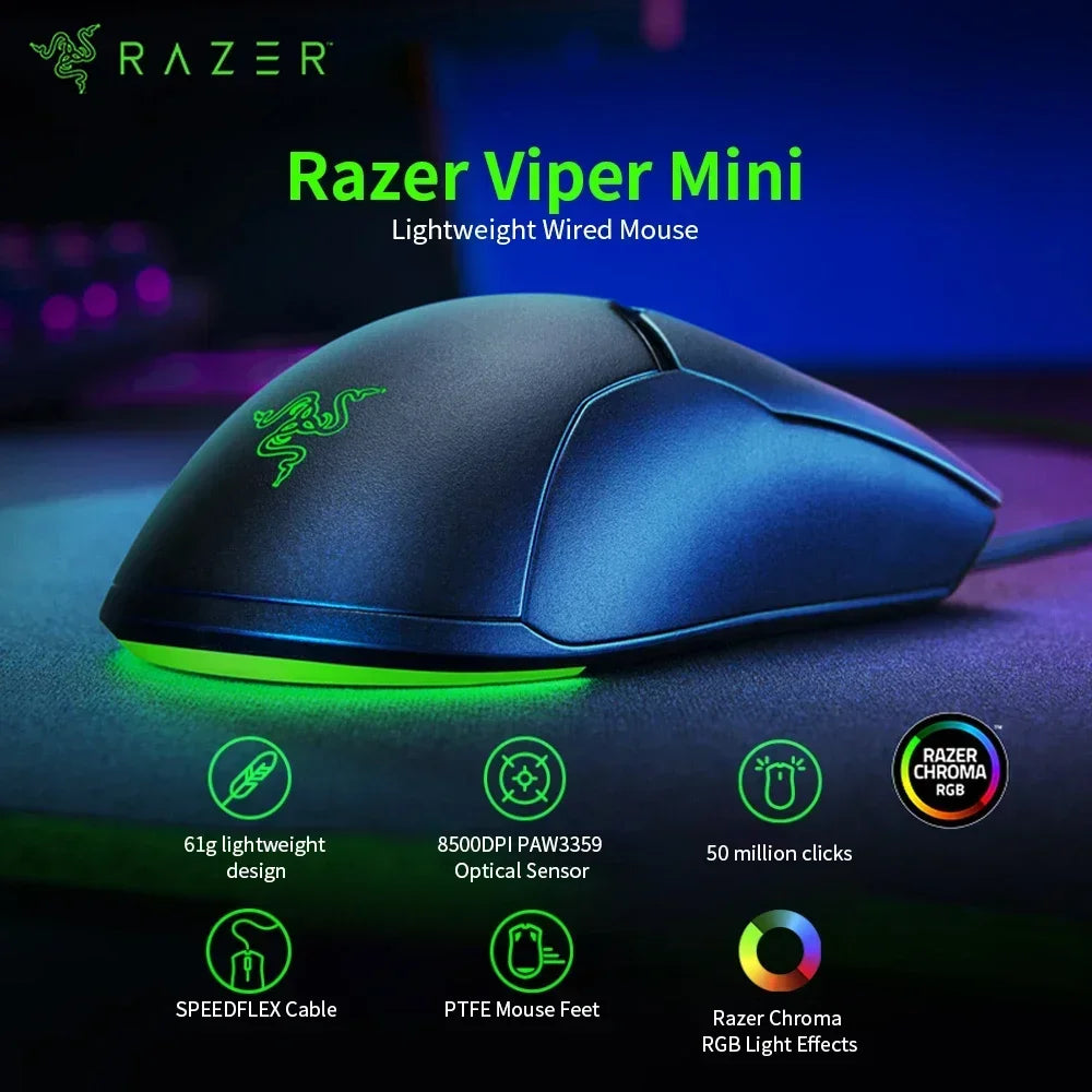 100% Original Razer Viper Mini Gaming Mouse 8500DPI Optical Sensor Chroma RGB Wired Mouse Lightweight SPEEDFLEX Mice for Gamer
