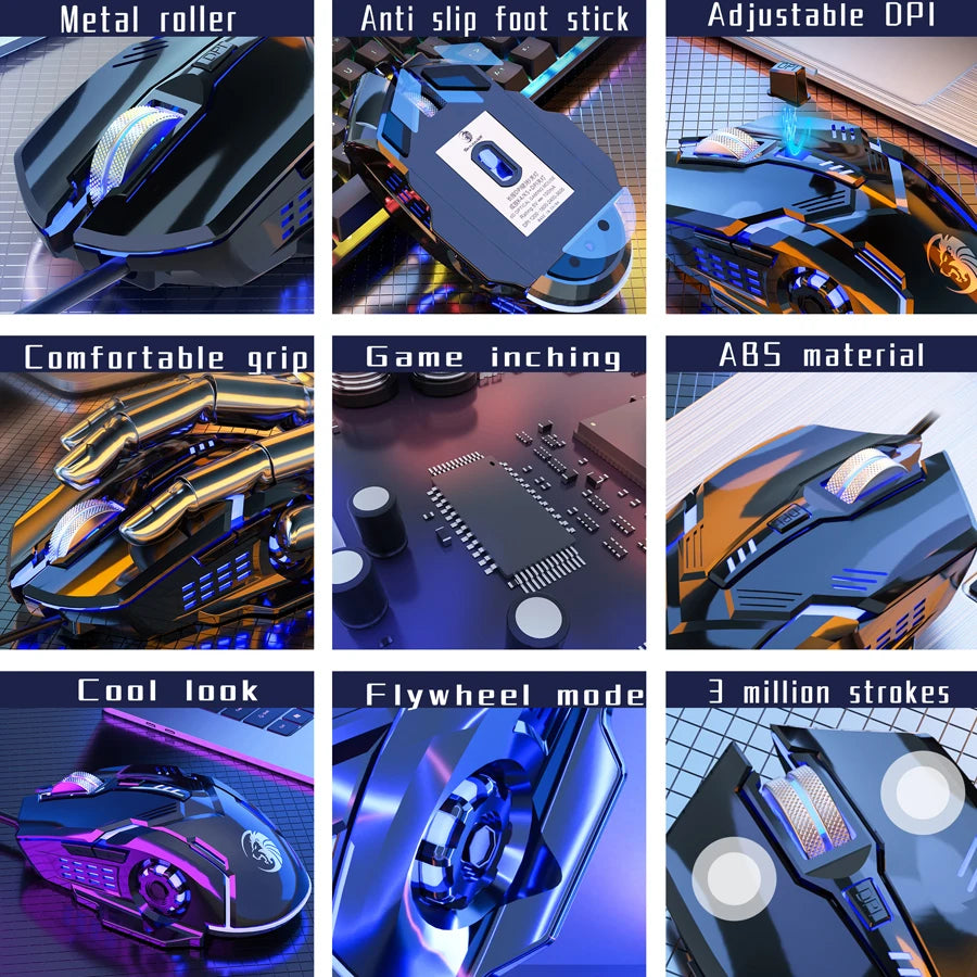 F7 Wired 6 Keys Mouse Colorful Lighting Gaming and Office For Microsoft Windows and Apple IOS System