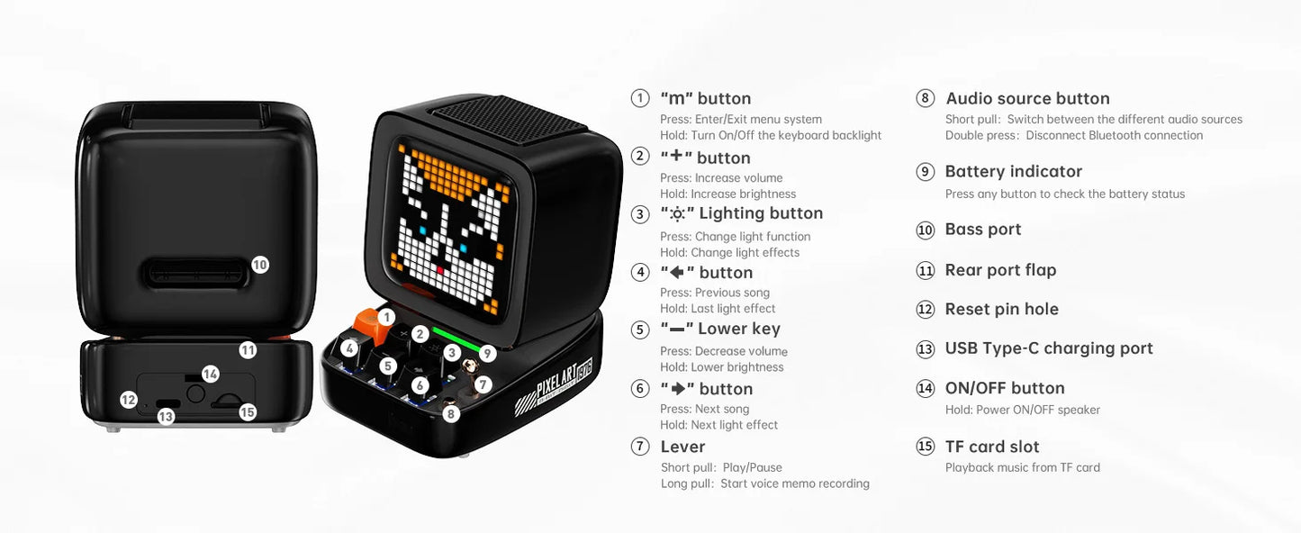 Divoom Ditoo-Pro  Pixel Art Bluetooth Portable black Speaker Alarm Clock DIY LED Display Board Cute Gift Home Light Decoration