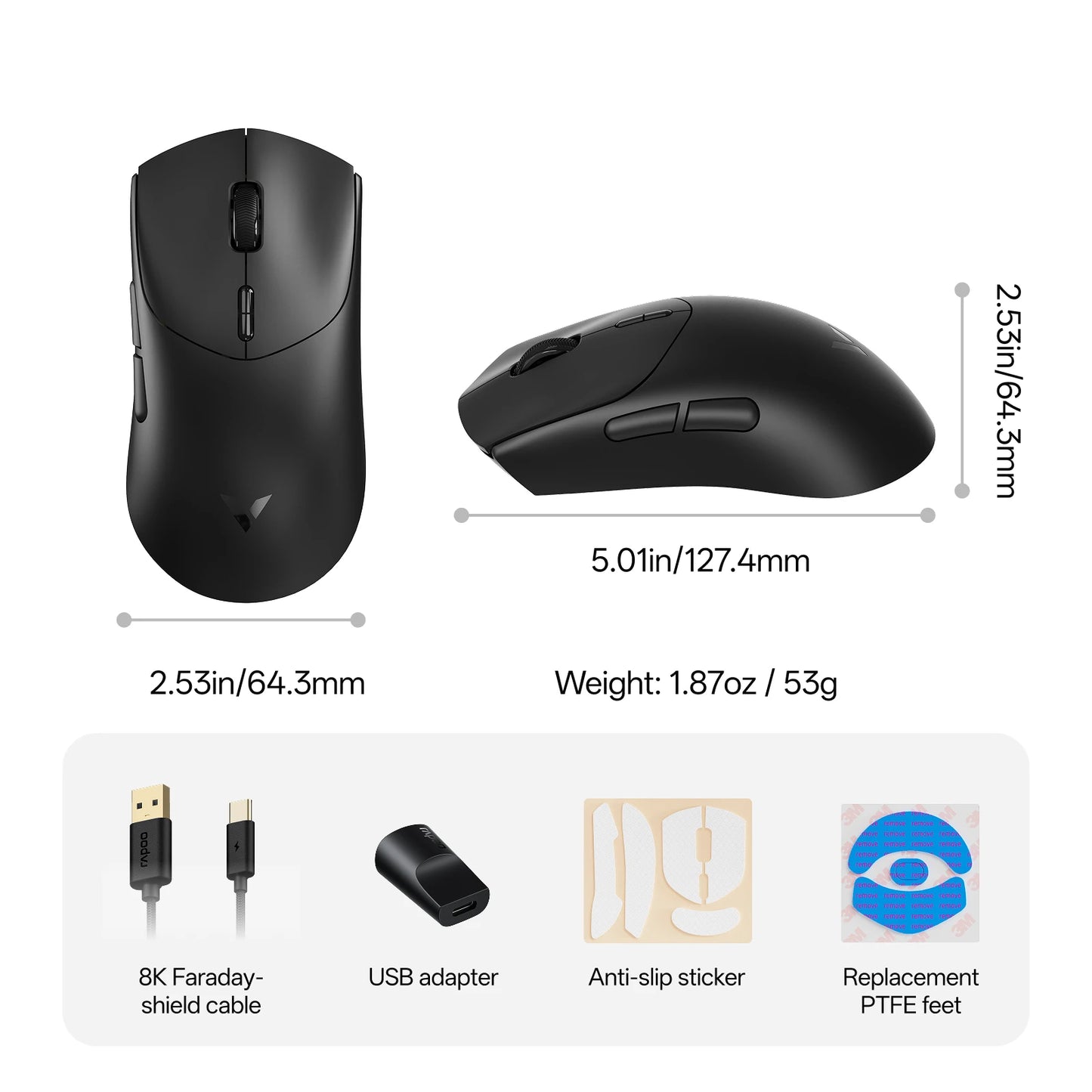 Rapoo VT7 /VT7 MAX Wireless Gaming Mouse True 8K Wireless Polling Rate 53g Lightweight Up to 500Hr Battery Life Macro Enabled