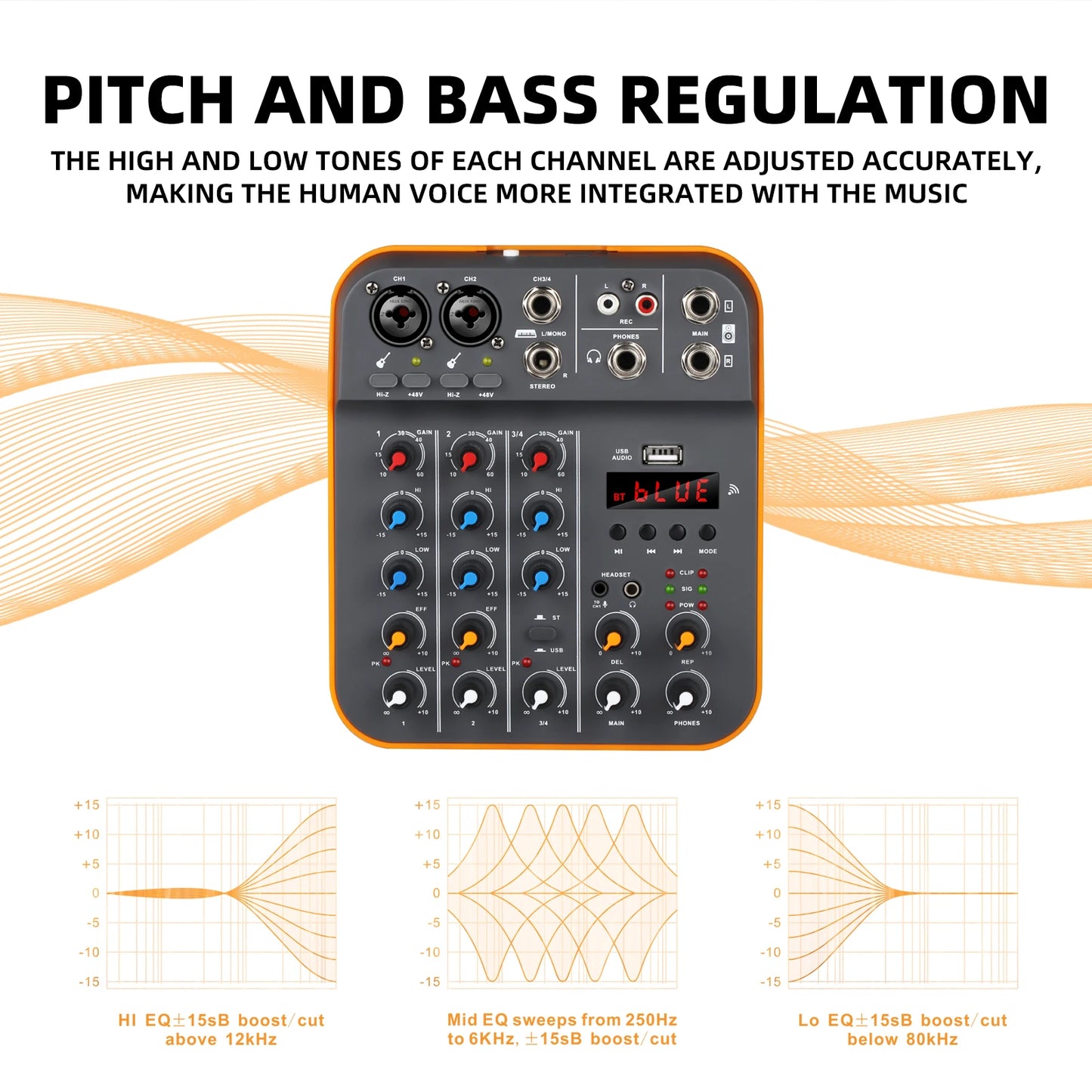Studio Audio Mixer with 4-Channel Selectable Inputs, Built-in MP3 Player, 12KHz/80Hz EQ, +30dBu Max Output - Ideal for Live & Re