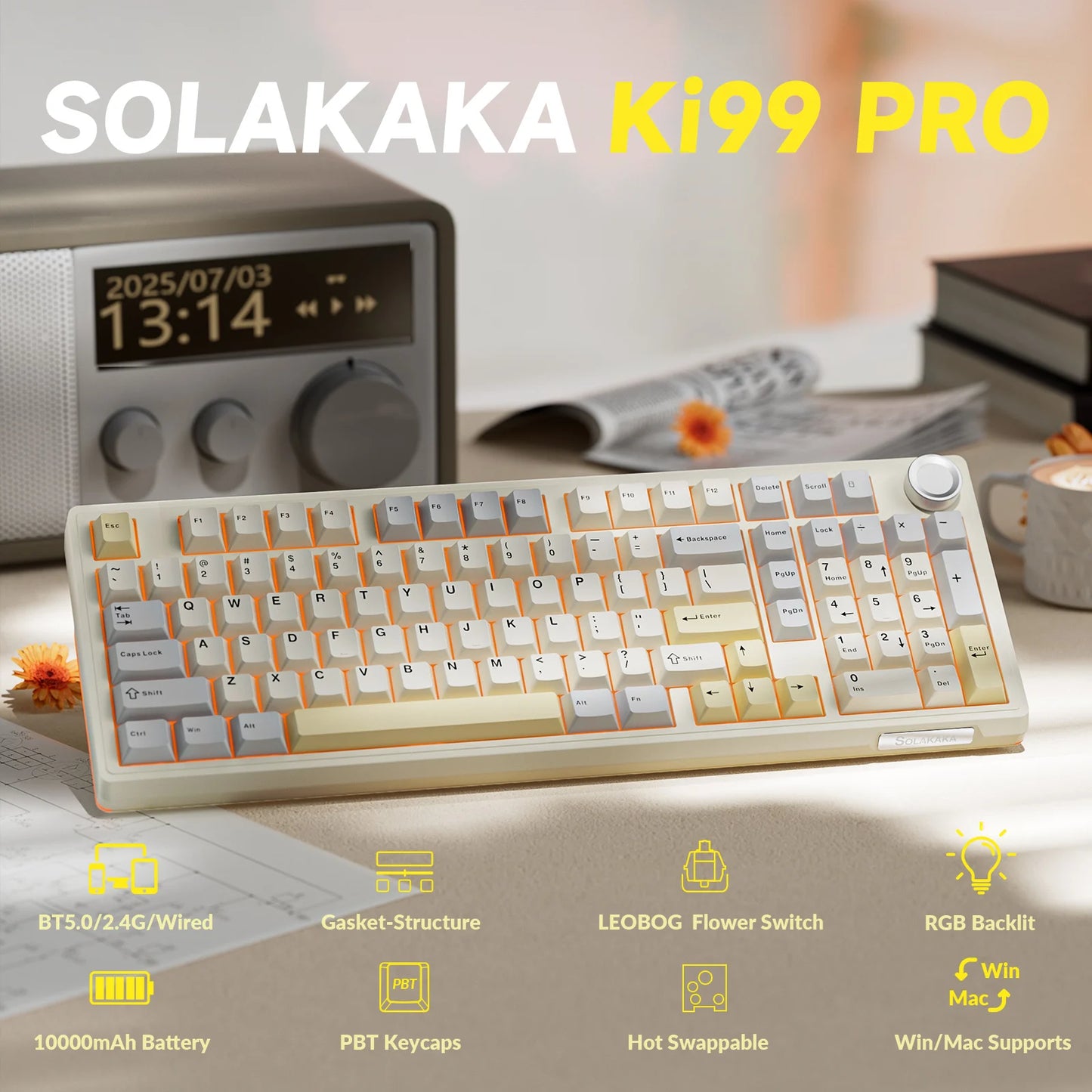 SOLAKAKA Ki99 Pro Bluetooth Wireless Keyboard 99 Keys Tri-mode Gasket Hot Swap RGB Customized Creamy Gaming Keyboard 10000mAh