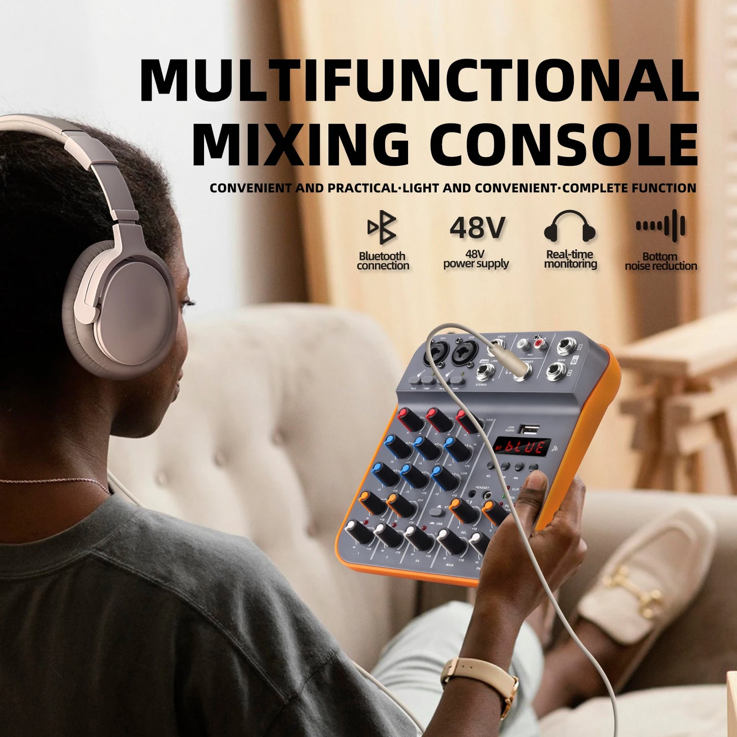 Studio Audio Mixer with 4-Channel Selectable Inputs, Built-in MP3 Player, 12KHz/80Hz EQ, +30dBu Max Output - Ideal for Live & Re