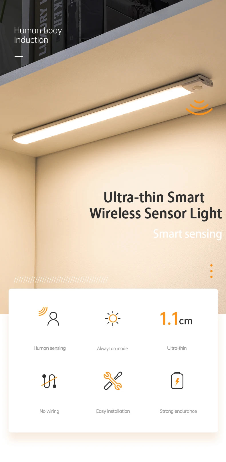 LED Cabinet Light USB Type-C Rechargeable Motion Sensor Led Lamp for Kitchen Wardrobe Cabinet Lighting 20cm/30cm/40cm/50cm/60cm