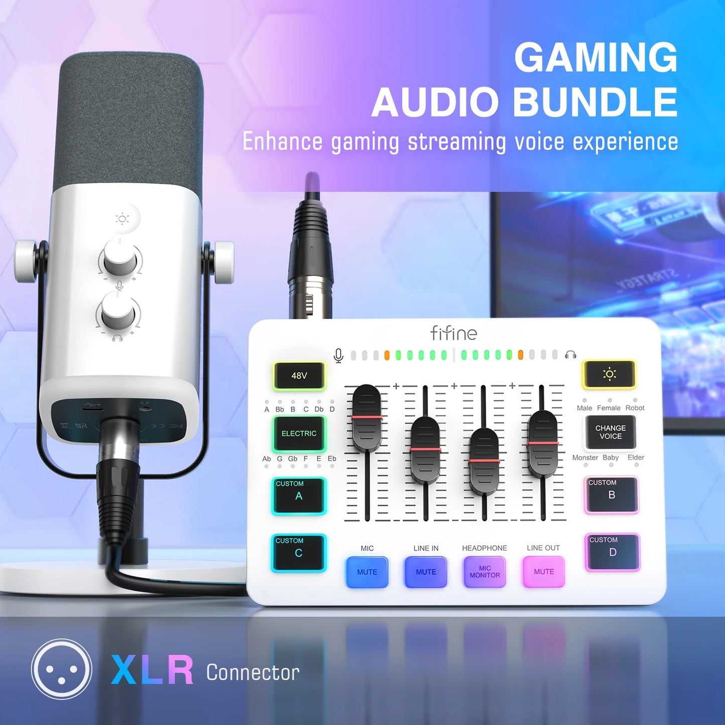 FIFINE RGB Streaming Podcast Kit with Dynamic Mic & Audio Mixer for Gaming/Recording/Live Streaming, Instant Audio Control- KS5W