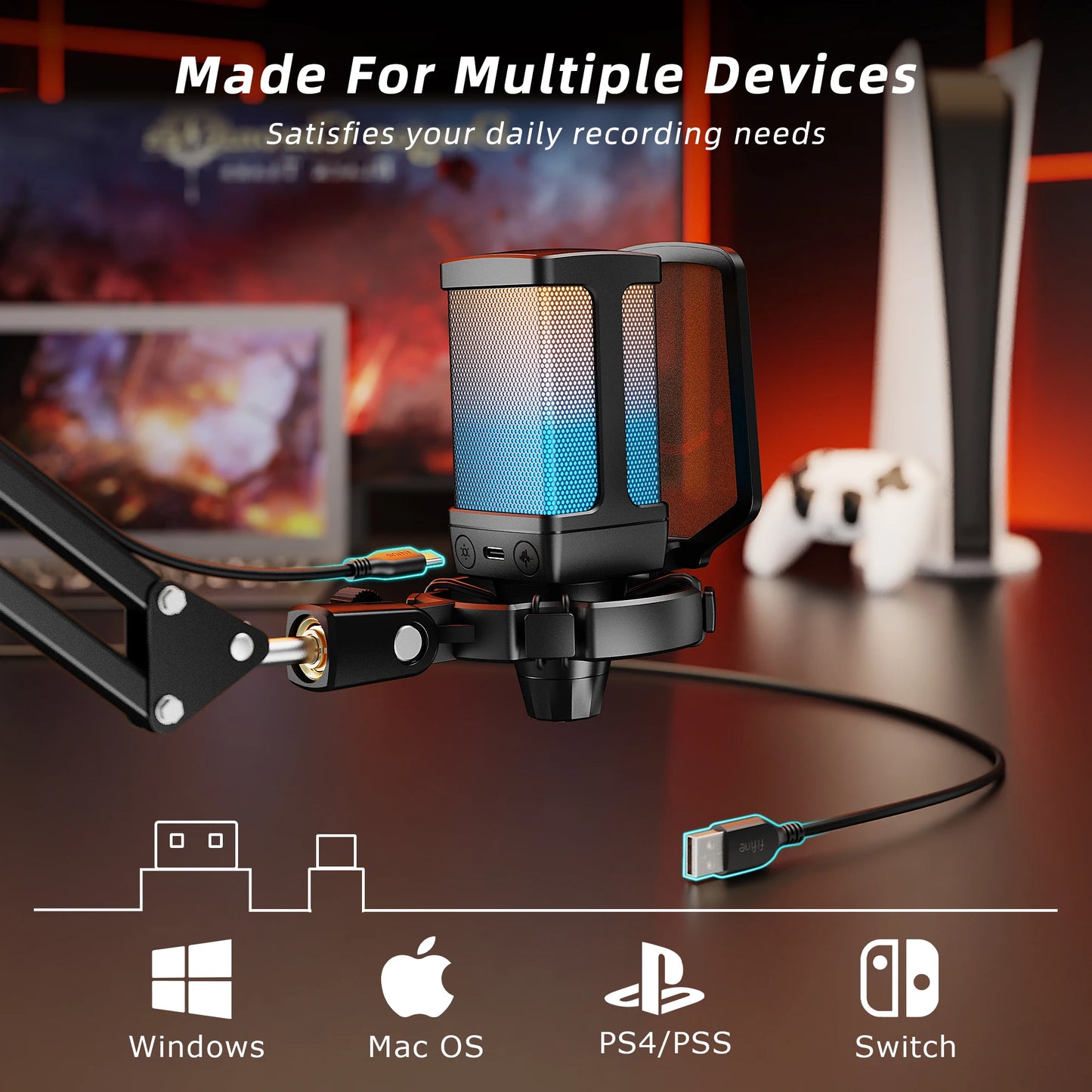 AmpliGame Gaming USB Microphone Set with Quick Mute,RGB Condenser Mic Kit with Vol Gain,Noise Reduction for Streaming,PC,PS5-Q6T