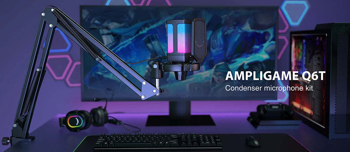 AmpliGame Gaming USB Microphone Set with Quick Mute,RGB Condenser Mic Kit with Vol Gain,Noise Reduction for Streaming,PC,PS5-Q6T