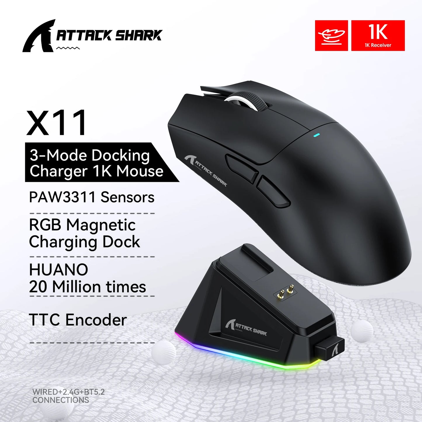 Attack Shark X11 Black Bluetooth Wireless Mouse Three Mode 2.4G PAW3311  RGB  PC Magnetic charging dock ,Gaming E-sports Mouse