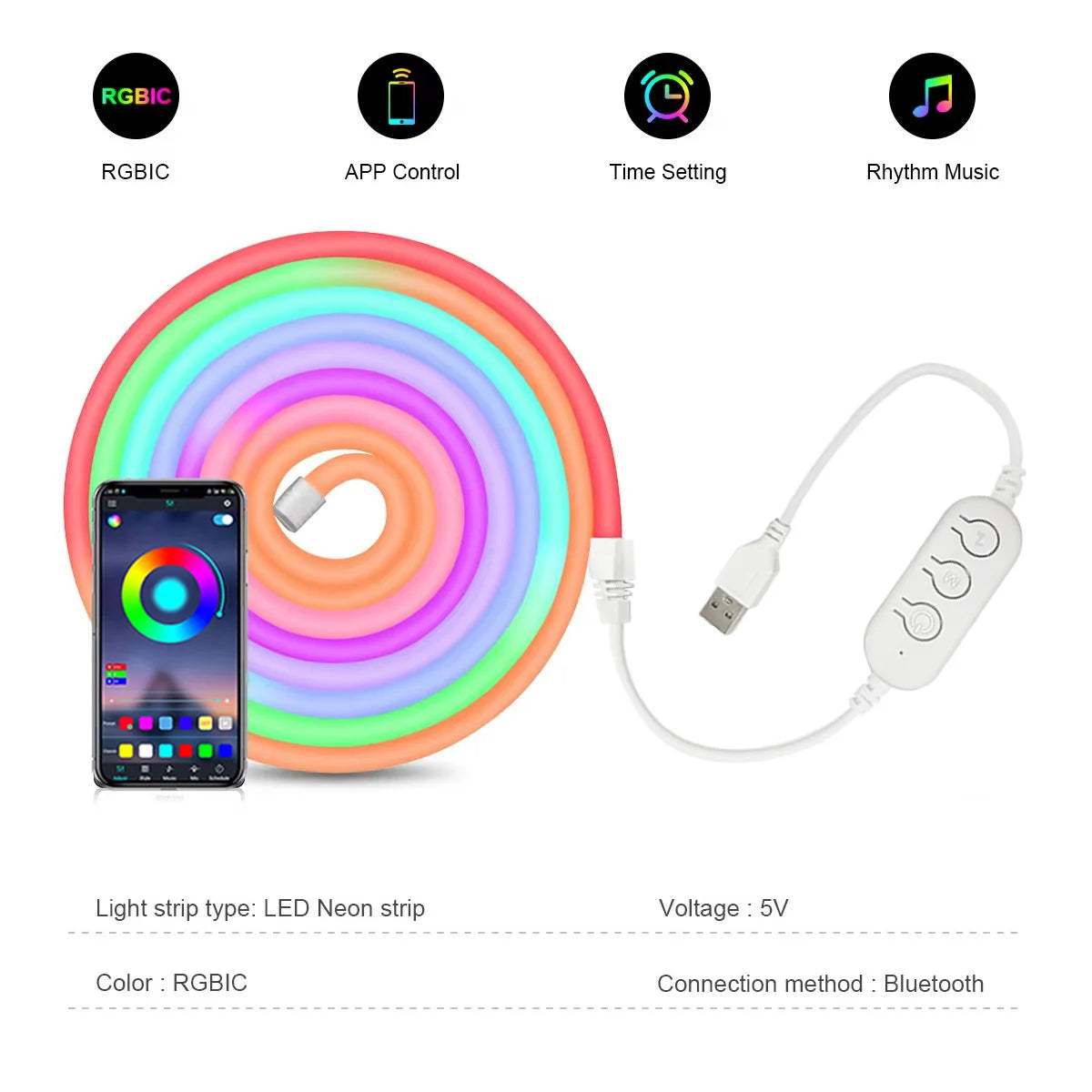 RGBIC Neon LED Strip Lights 1M-5M Flexible Neon Rope Light Bluetooth App Control DIY Neon Strip Light For Home Decor Lighting