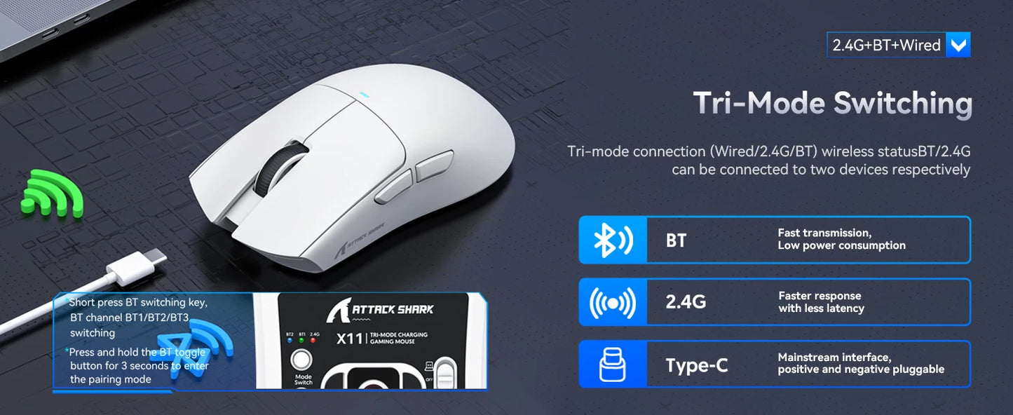 Attack Shark X11 Tri-mode Gaming Mouse with Magnetic Charging Dock, PixArt PAW3311 Sensor, 22K DPI, BT/2.4Ghz/Wired, for PC/MAC