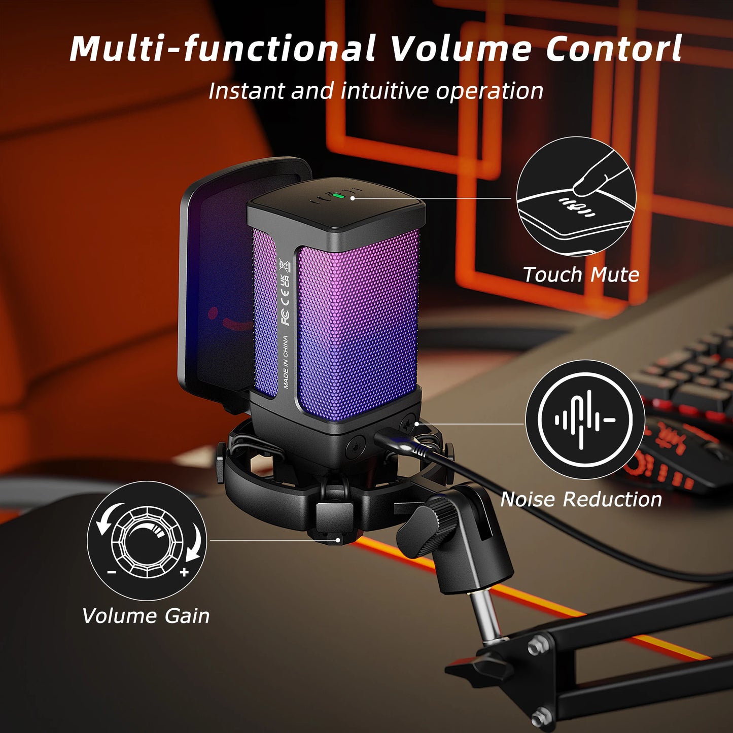 AmpliGame Gaming USB Microphone Set with Quick Mute,RGB Condenser Mic Kit with Vol Gain,Noise Reduction for Streaming,PC,PS5-Q6T