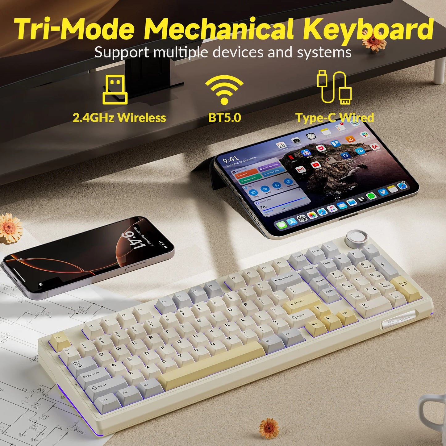 SOLAKAKA Ki99 Pro Bluetooth Wireless Keyboard 99 Keys Tri-mode Gasket Hot Swap RGB Customized Creamy Gaming Keyboard 10000mAh