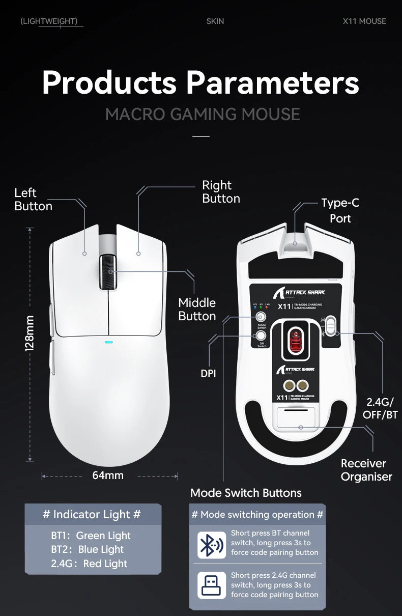 Attack Shark X11 Black Bluetooth Wireless Mouse Three Mode 2.4G PAW3311  RGB  PC Magnetic charging dock ,Gaming E-sports Mouse