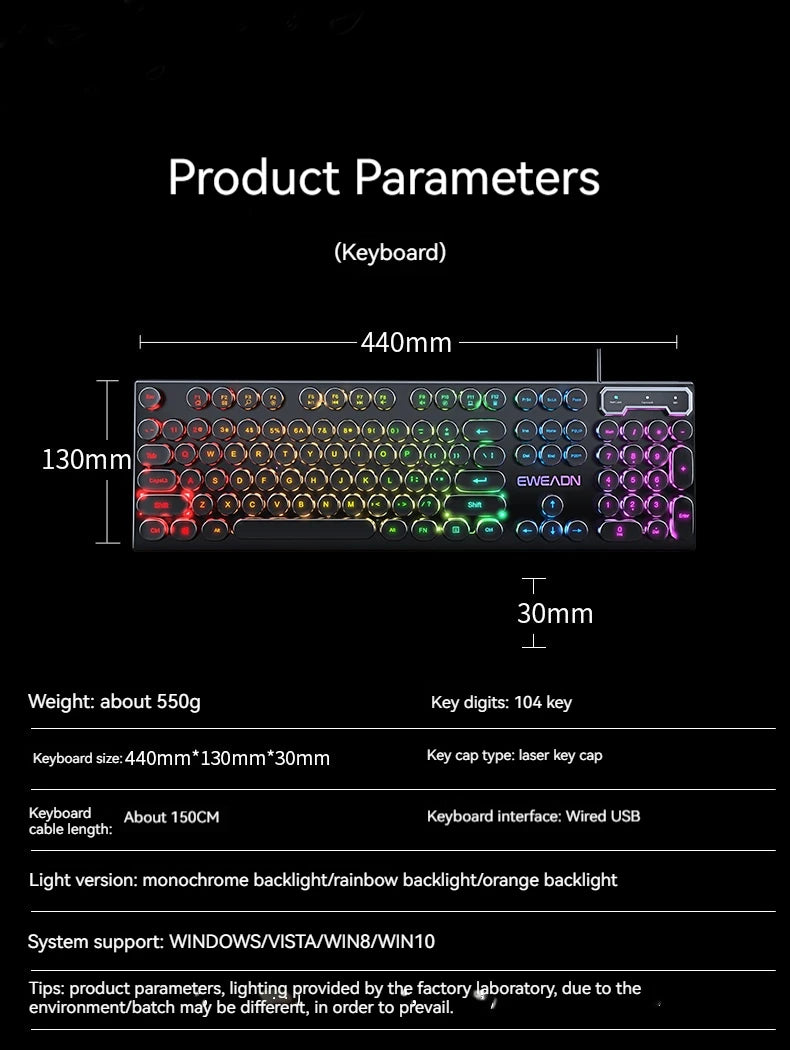 EWEADN GX330 Typewriter Gaming Keyboard, 104 Keys Wired Retro Punk Round Keycaps, with RGB Backlit, for Windows Laptop PC black