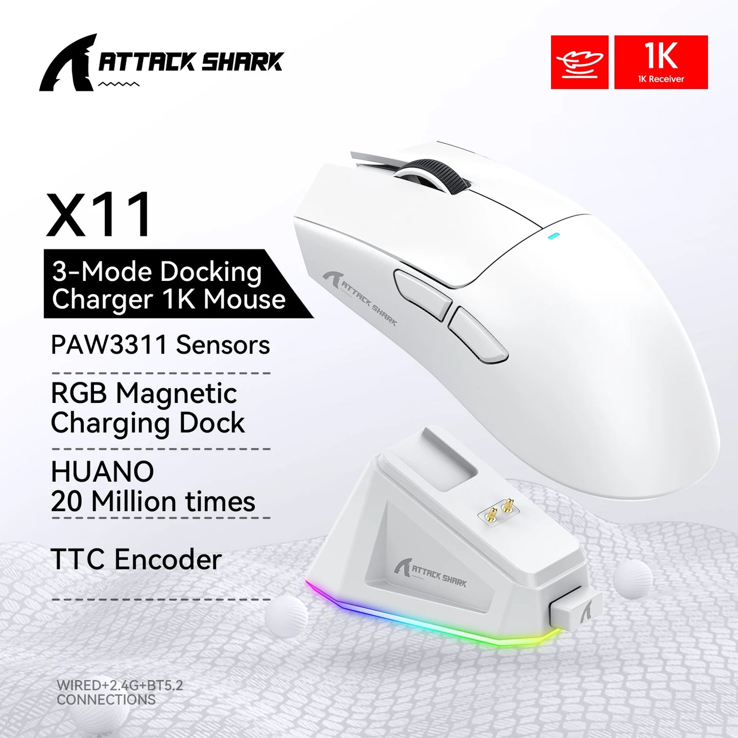 Attack Shark X11 Black Bluetooth Wireless Mouse Three Mode 2.4G PAW3311  RGB  PC Magnetic charging dock ,Gaming E-sports Mouse