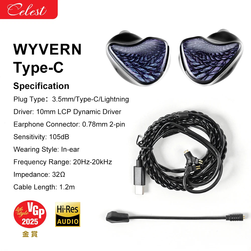 Celest Wyvern Black Type-C In Ear Earphone Monitor With Microphone Hifi Music Headphone IEMs Wired Gaming Earbuds For Gif