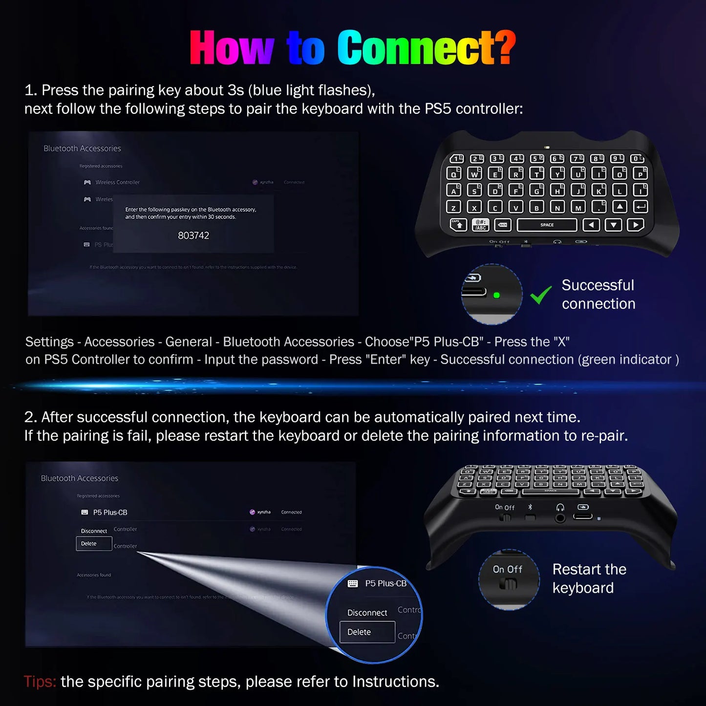 RGB Backlight Keyboard for PS5 Controller,Bluetooth Wireless Mini Gamepad Chatpad for Playstation 5 with Upgraded Speaker
