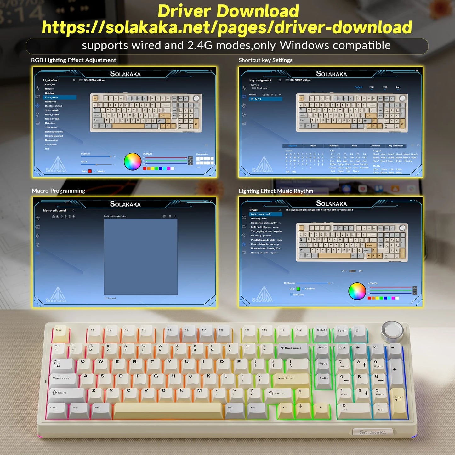SOLAKAKA Ki99 Pro Bluetooth Wireless Keyboard 99 Keys Tri-mode Gasket Hot Swap RGB Customized Creamy Gaming Keyboard 10000mAh
