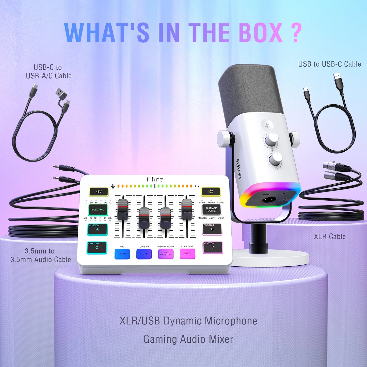 FIFINE RGB Streaming Podcast Kit with Dynamic Mic & Audio Mixer for Gaming/Recording/Live Streaming, Instant Audio Control- KS5W