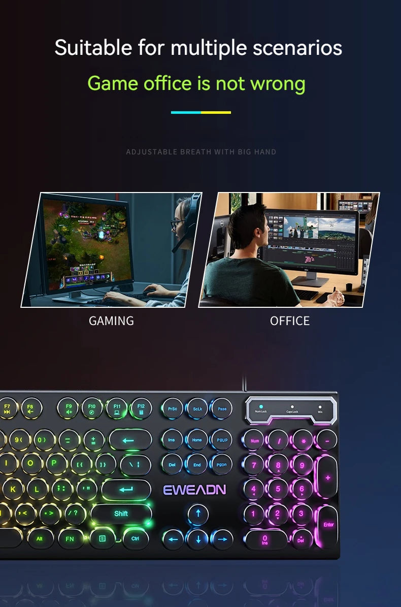 EWEADN GX330 Typewriter Gaming Keyboard, 104 Keys Wired Retro Punk Round Keycaps, with RGB Backlit, for Windows Laptop PC black
