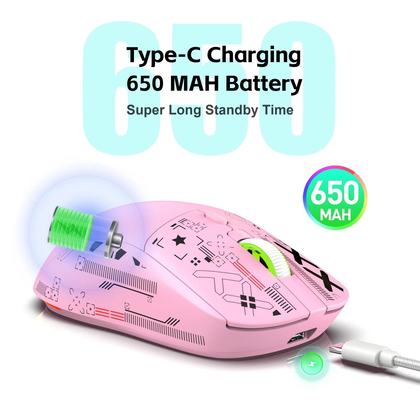 2025 New 3-Mode Wireless Gaming Mouse RGB Macro Ergonomic, 6 Programmable Buttons, Silent Click, Pink for PC/Laptop