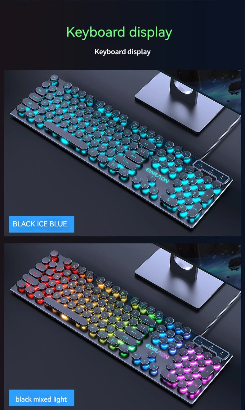 EWEADN GX330 Typewriter Gaming Keyboard, 104 Keys Wired Retro Punk Round Keycaps, with RGB Backlit, for Windows Laptop PC black